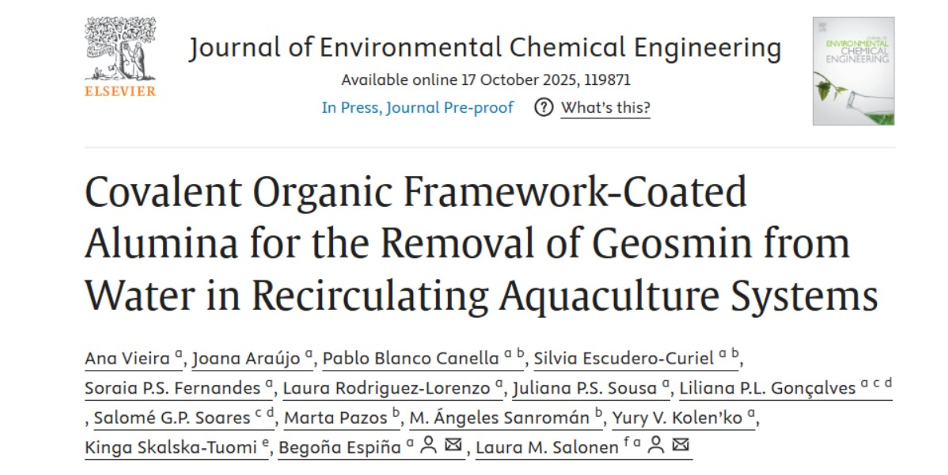 Covalent Organic Framework-Coated Alumina for the Removal of Geosmin from Water in Recirculating Aquaculture Systems